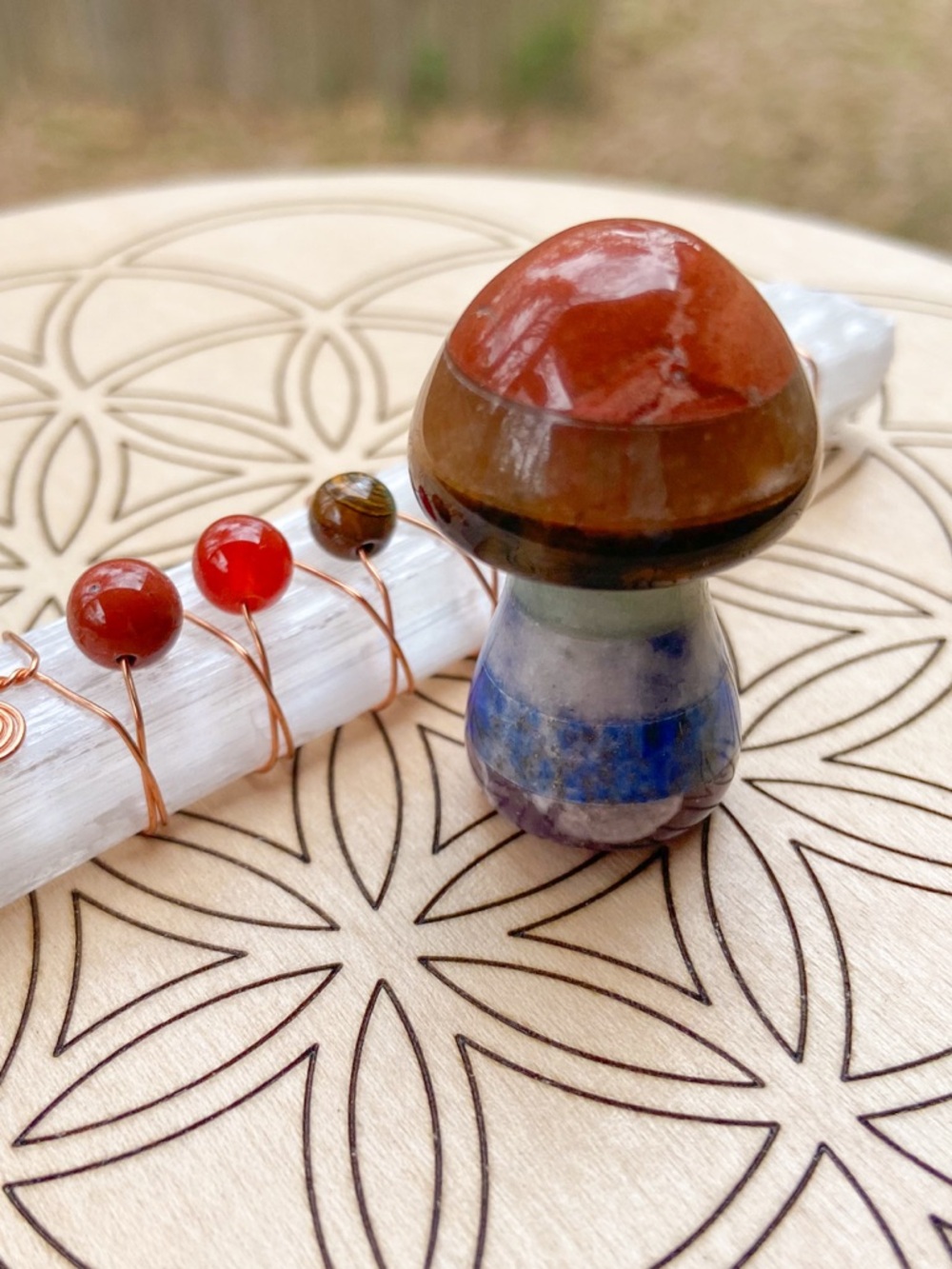 2 Pc. Selenite Silk Spar with 7 Chakra Beads & 7 Chakra Mushroom Set. NWOT